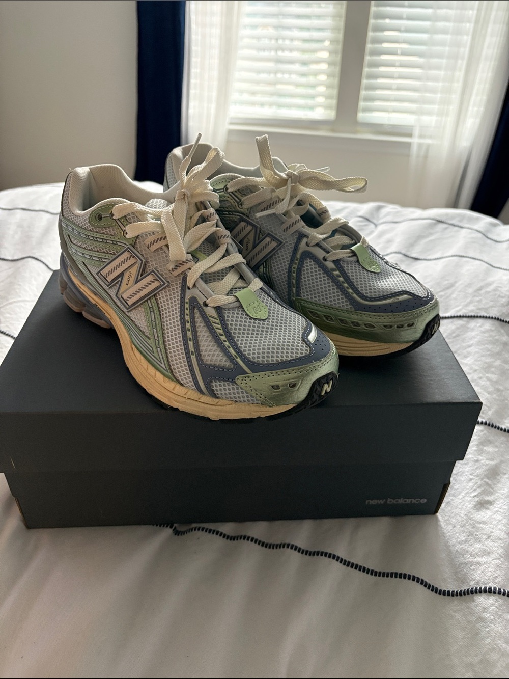 New Balance White, Gray & Green Mesh Athletic Sneakers